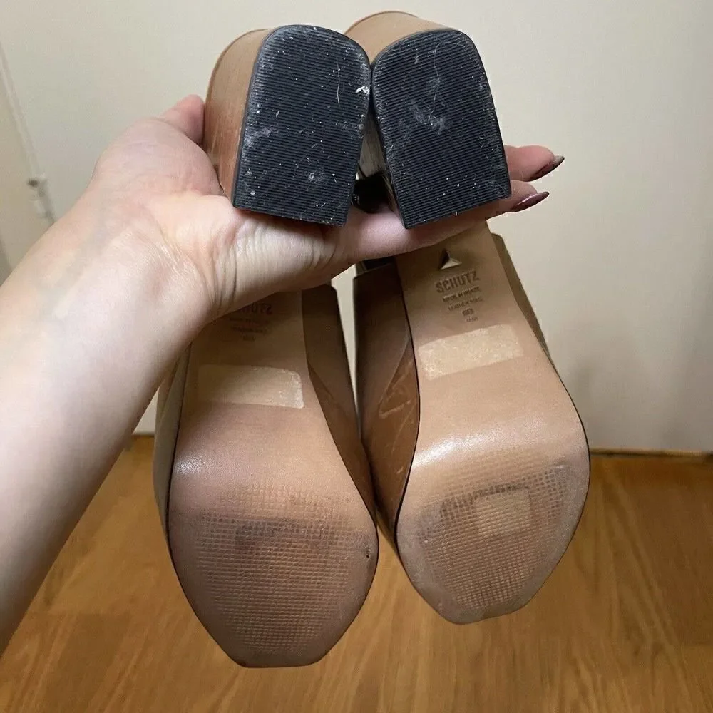 SCHUTZ Brown Soft Leather Peep toe slingback platform heels size US 9